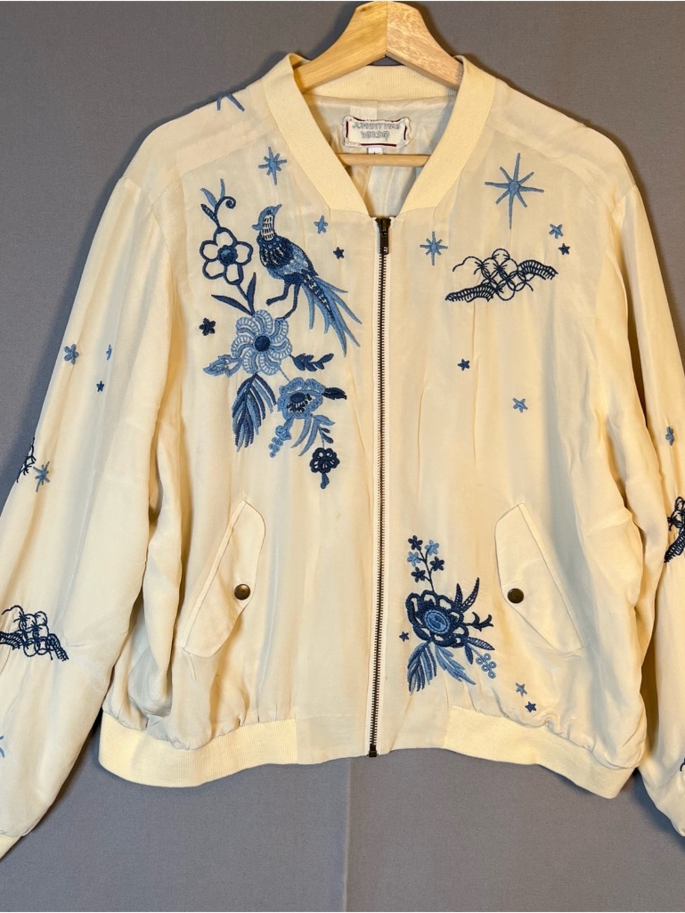 Johnny Was Workshop Silk Ivory Bomber Jacket Blue Embroidered Floral & Bird